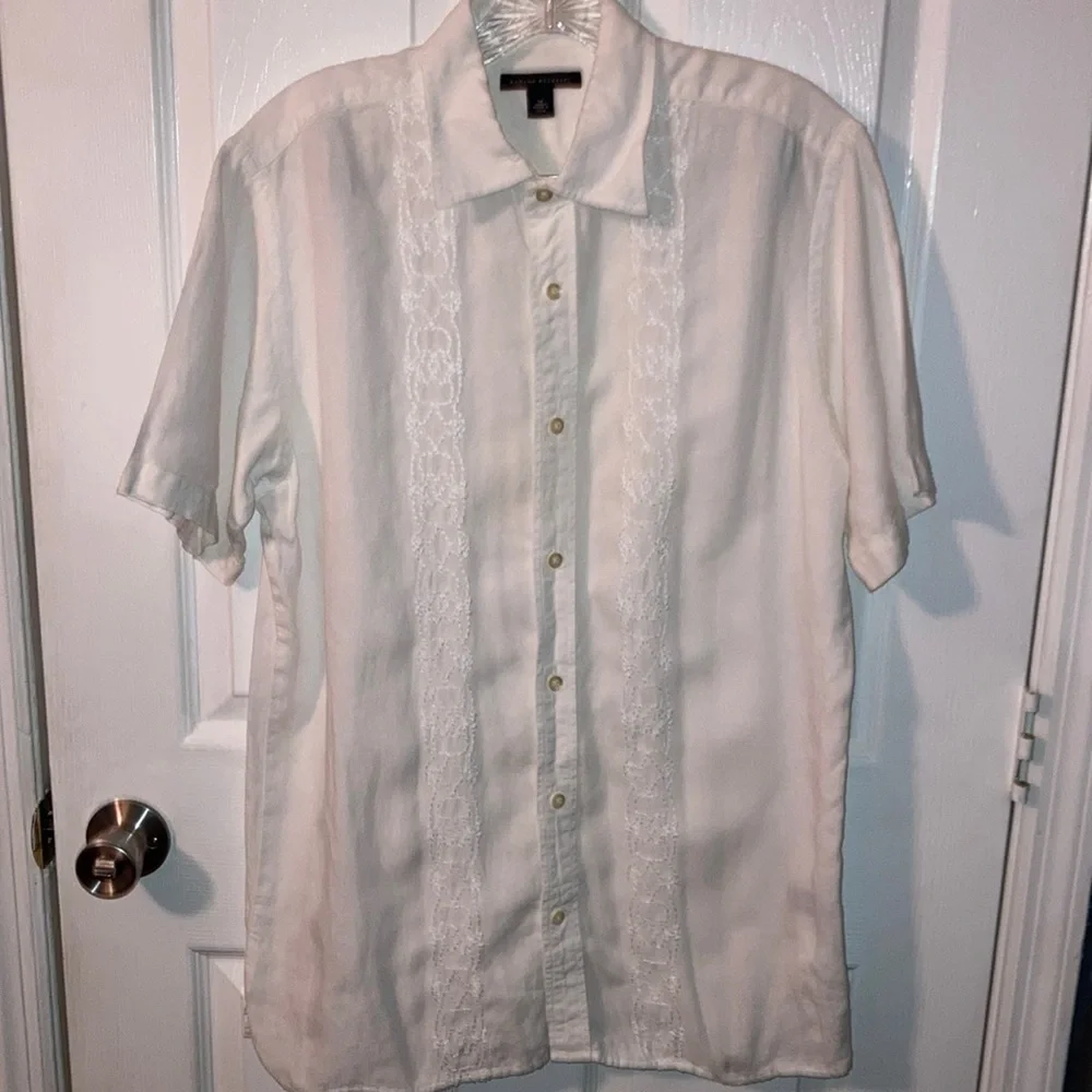 Banana Republic White Embroidery on White Linen Button Down Shirt